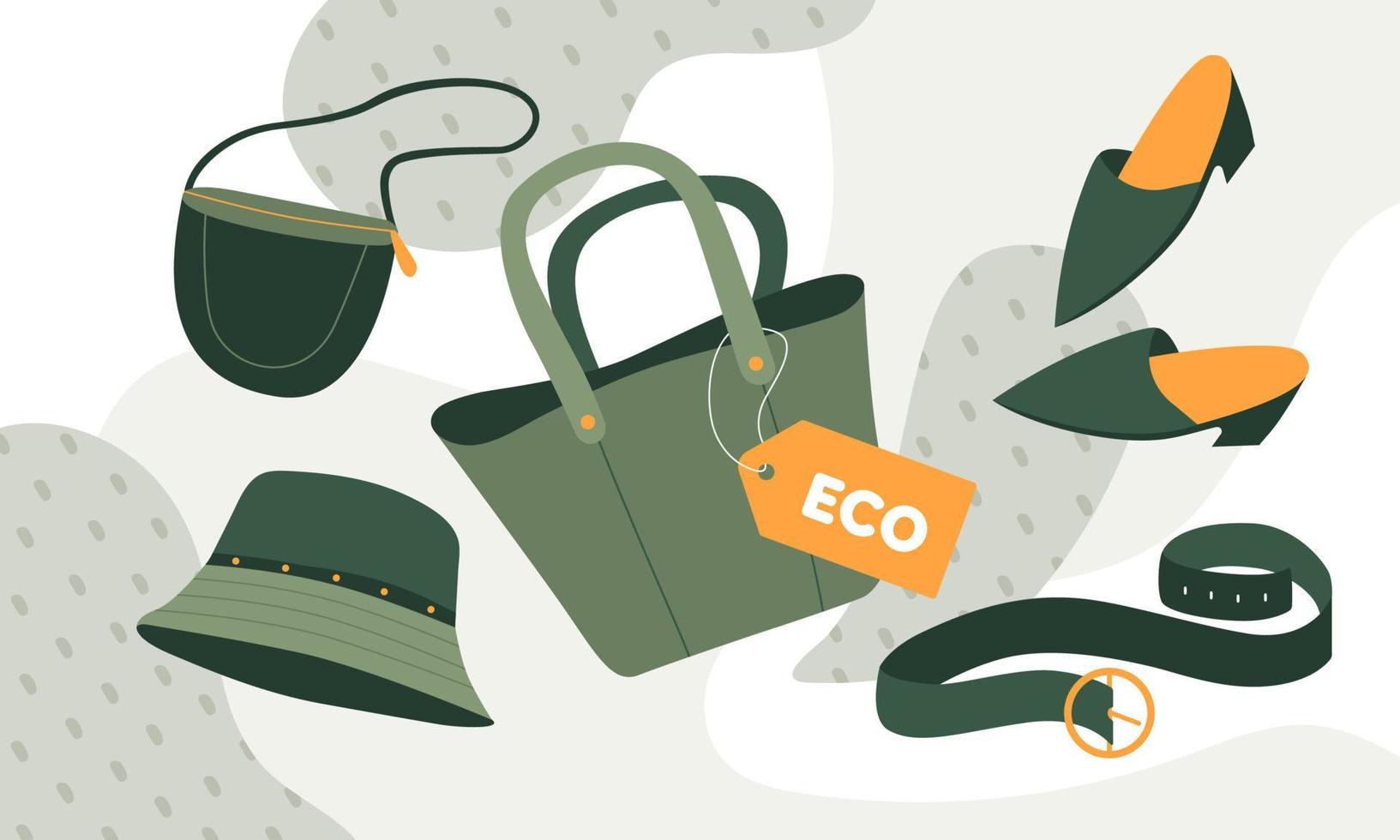 Green eco fabric accessories with orange tag.Cactus eco-leather concept. Vector illustratio
