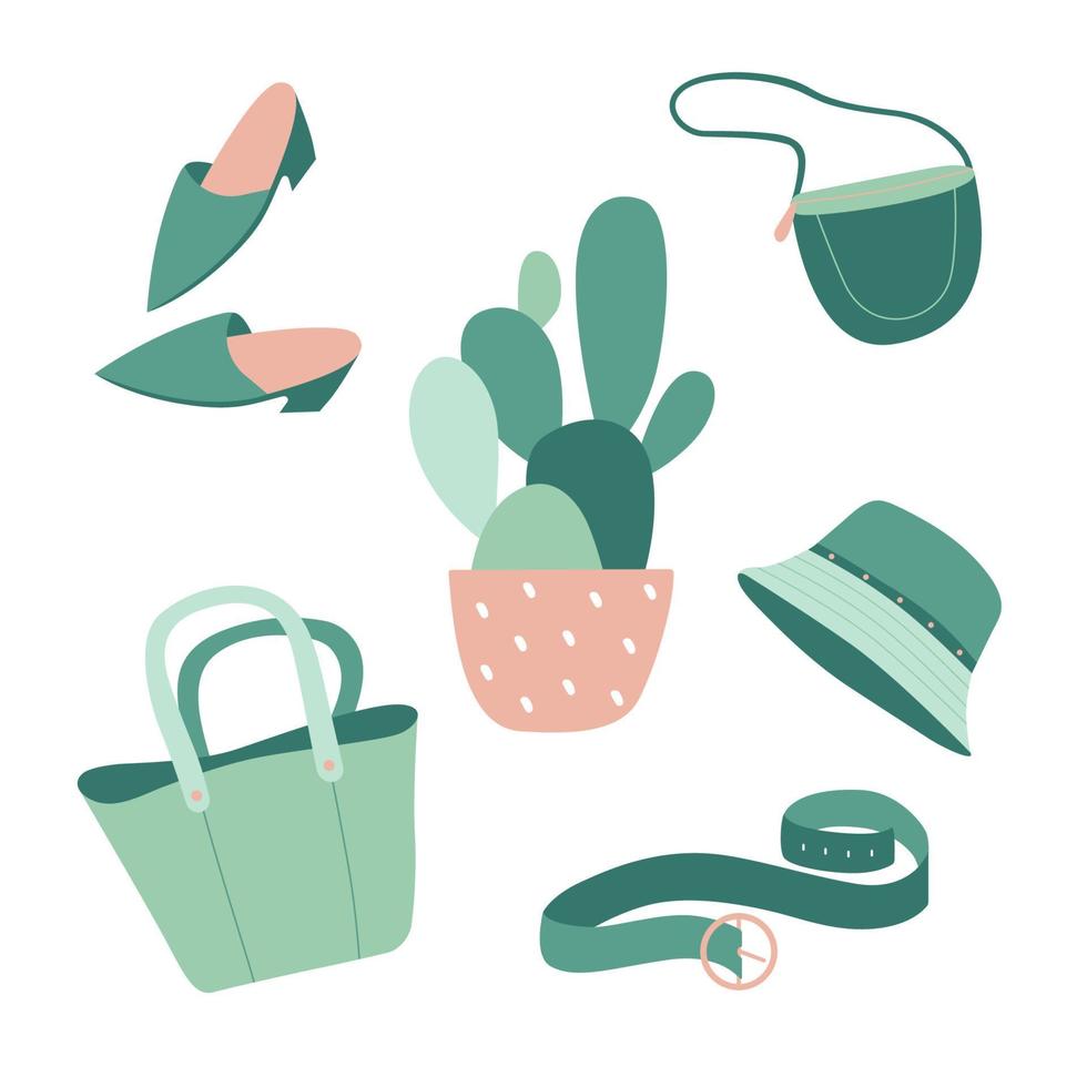 Set of green eco accessories in flat cartoon style. Bag, shoes, belt and panama isolated on white background. Cactus eco-leather, Zero waste concept, Say no to plastic bags. Vector illustration