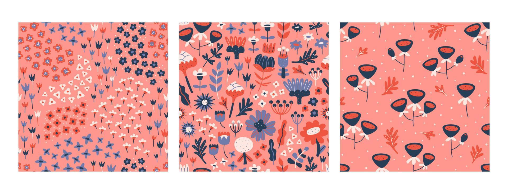Modern seamless pattern set with little flowers. Floral collage design for fabrics, print, scrapbooking. Vector illustration