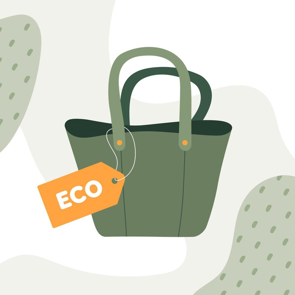 Green eco fabric cloth bag with orange tag. Cactus eco-leather concept. Vector illustration