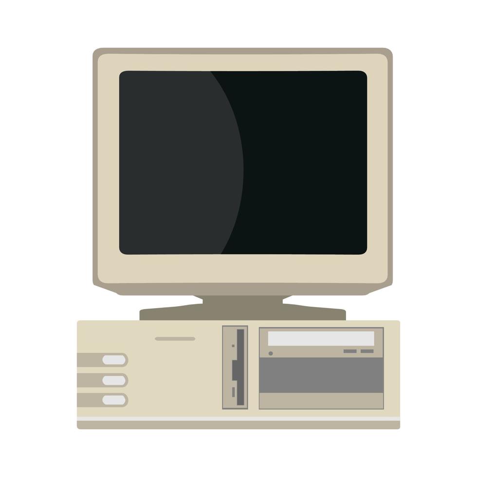 Retro computer front view device equipment flat vector icon. 90s machine PC