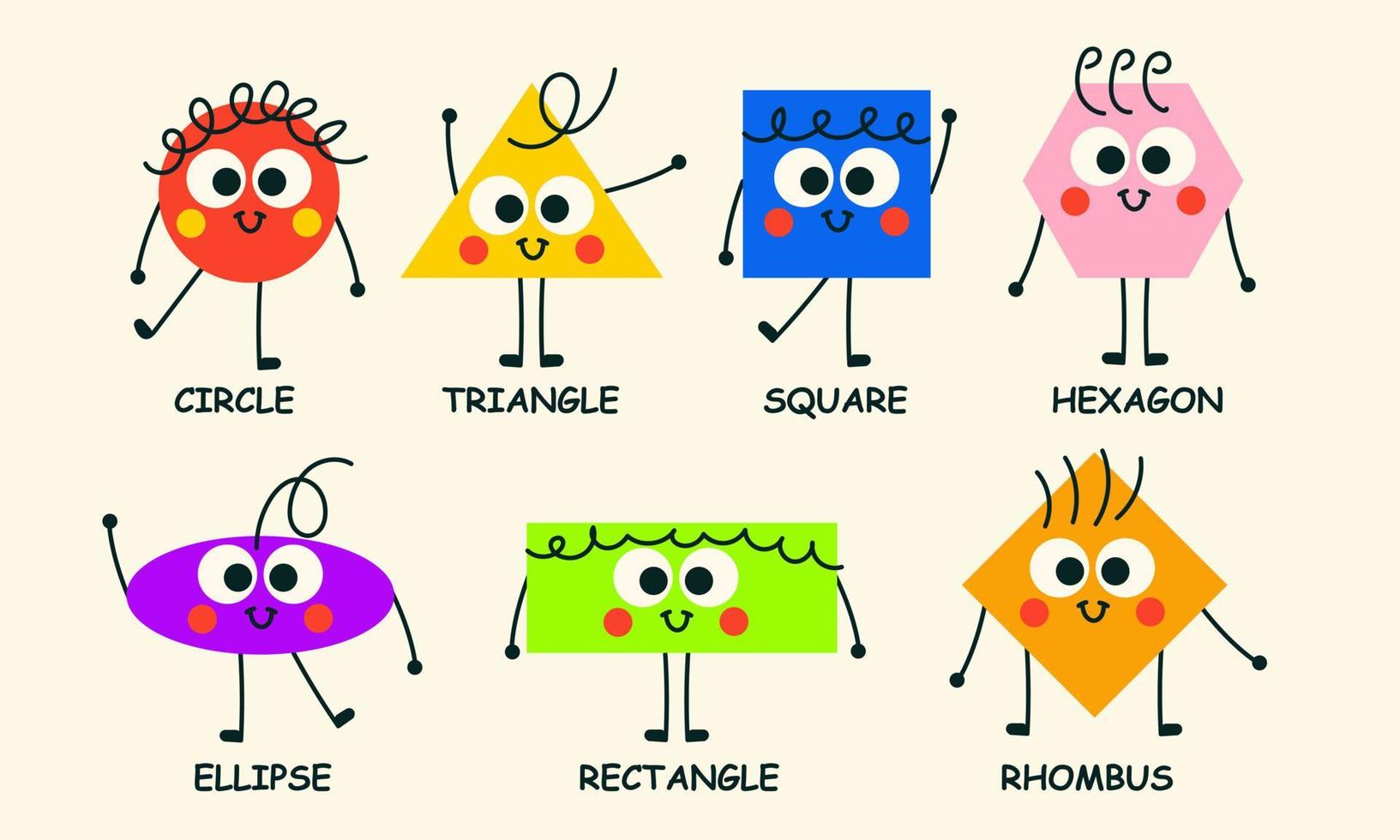 Character abstract shape funny face. Cartoon doodle design geometric education trendy set vector illustration concept. Graphic circle, hexagon, triangle, rectangle, square. Basic collection figure