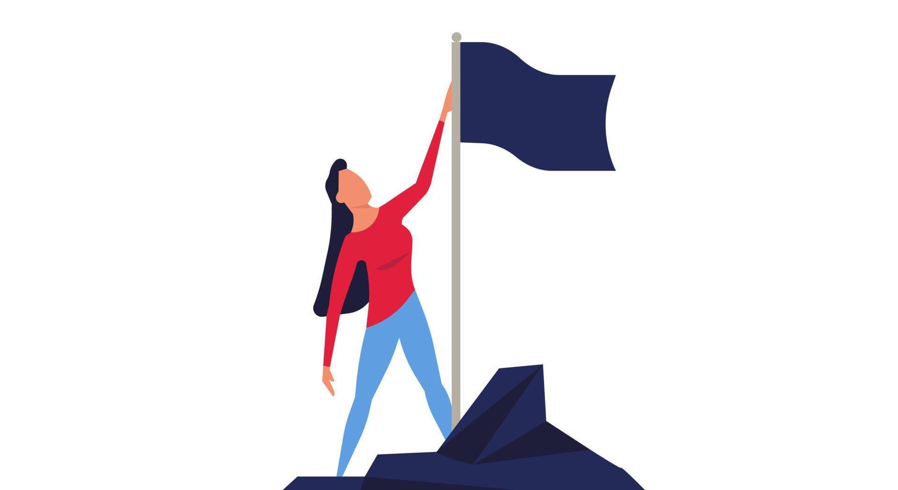Woman climbed to the top mountain with flag flat illustration achievement concept. Business goal leadership career winner. Climb growth employee motivation vision. Up hill direction challenge peak vector