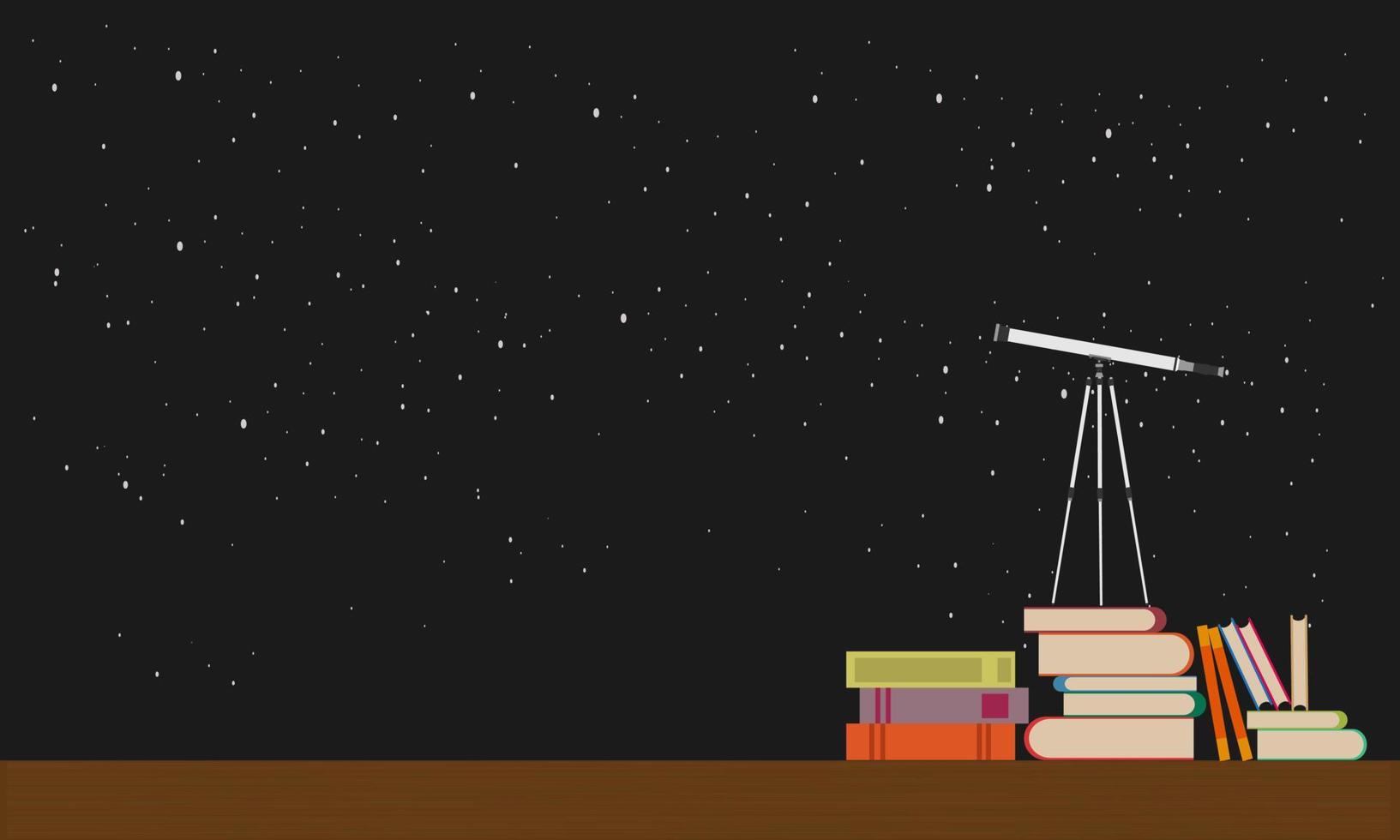 Education future concept vector flat illustration.Telescope stands on books against the background of the night sky