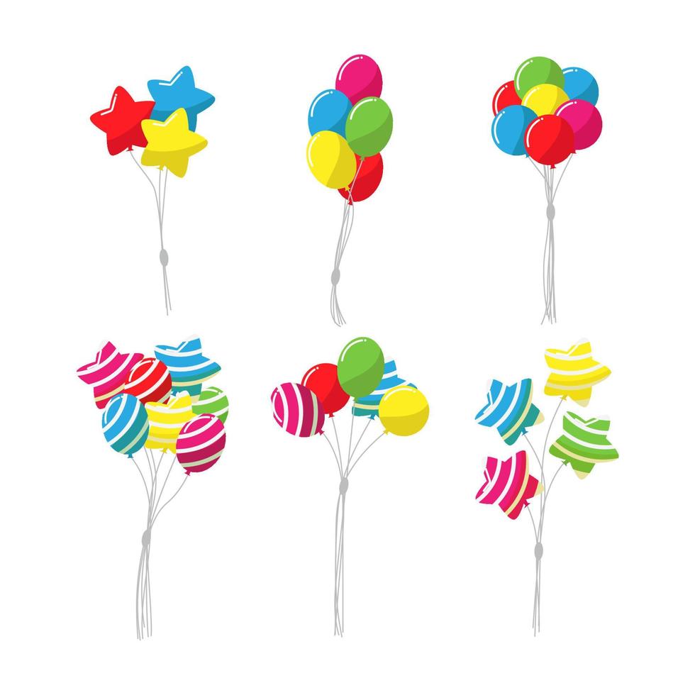 Color bunch rubber flying cartoon balloons set with string. Collection cute and decorative balloons with stripe and shadow vector illustration