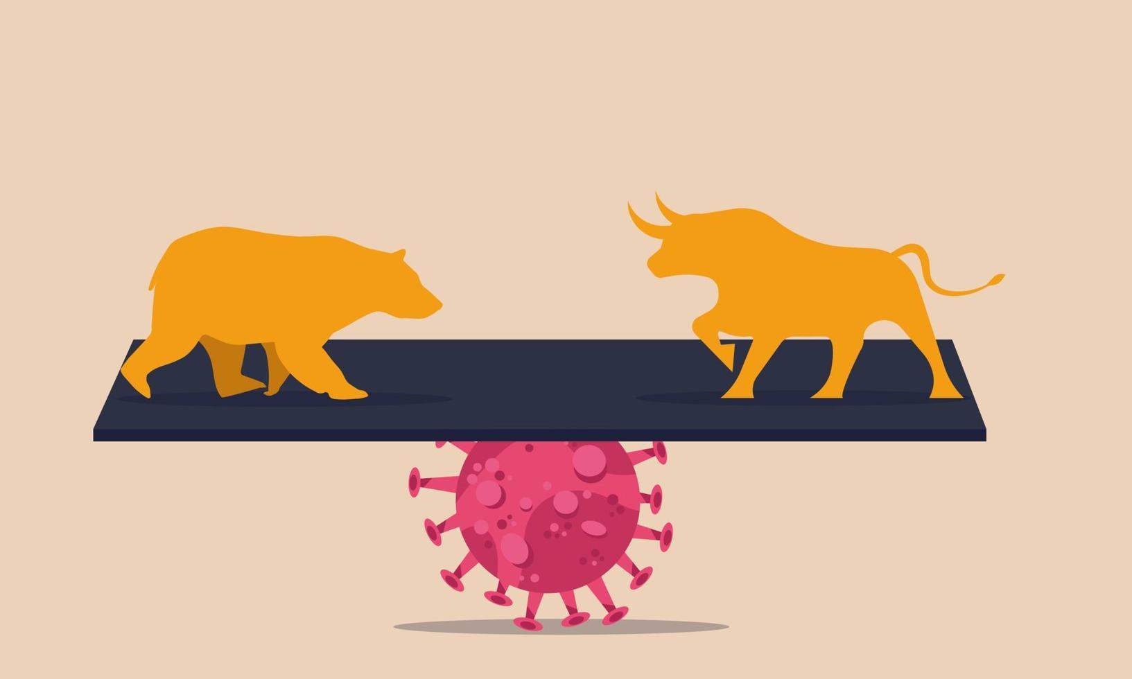 Bear and bull stock market after coronavirus. Financial forex chart trend and money profit vector illustration drawing concept. Collapse pandemic and investment loss. Economic crisis business risk