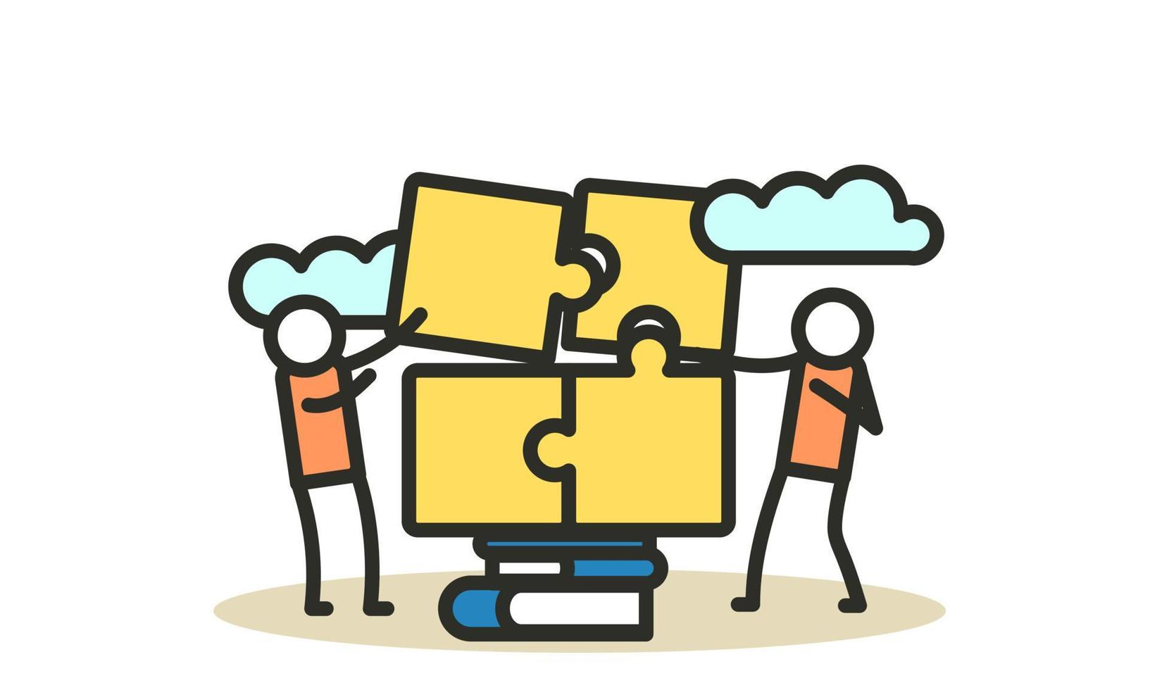 Puzzle teamwork man and woman business partnership communication. People work with books vector concept illustration. Together create piece jigsaw solution. Cooperation office human idea. Planning job