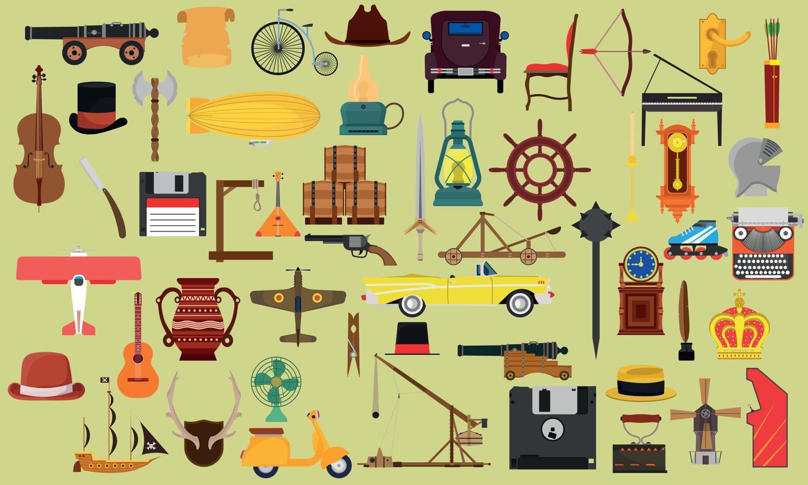 Vintage object set design element and retro icon collection isolated white. Antique symbol vector illustration classic equipment. Drawing history and nostalgia cartoon classical device or obsolete