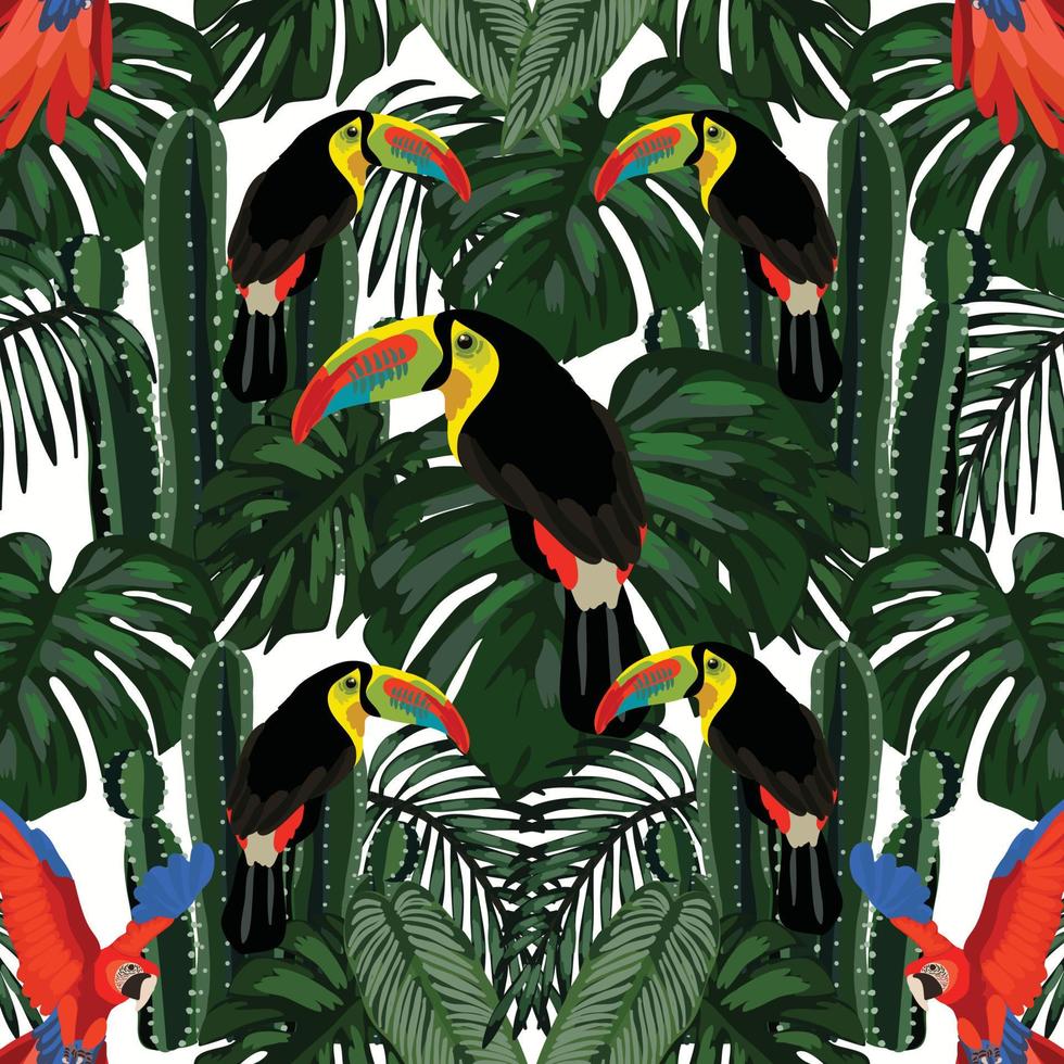 hojas tropicales y pájaros tropicales diseño dibujado a mano sin costuras vector