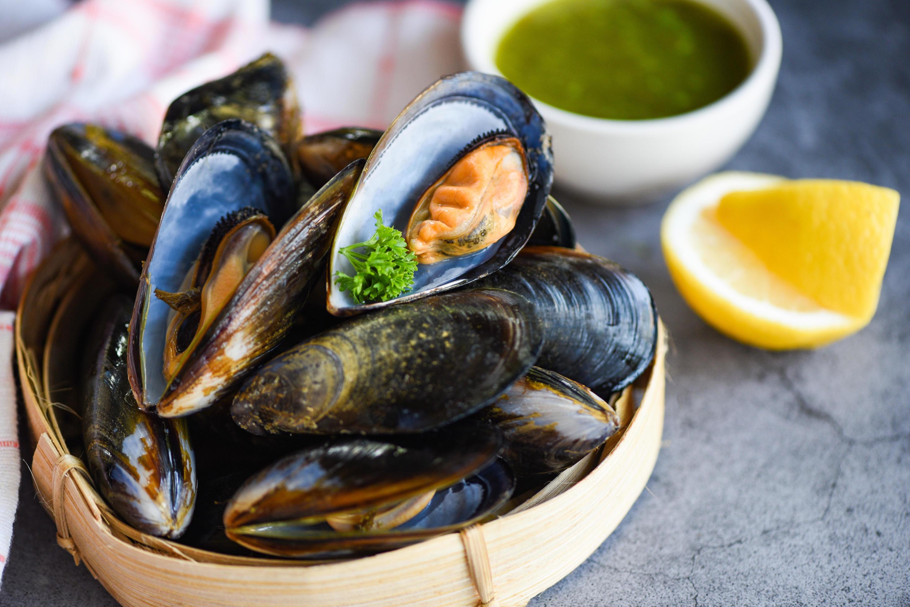 Mussels with herbs lemon on cook steamer food background Fresh