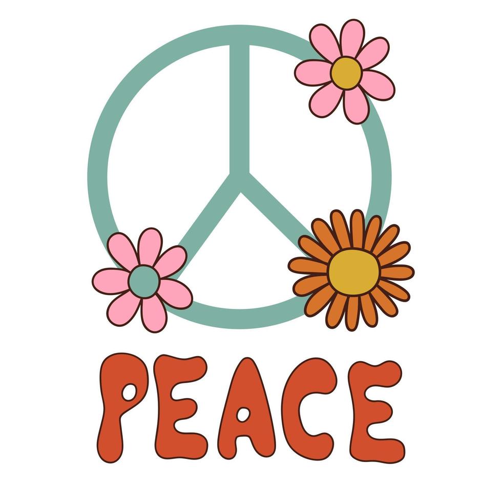 Peace sign with lettering PEACE. 1970 vibe. Vector illustration