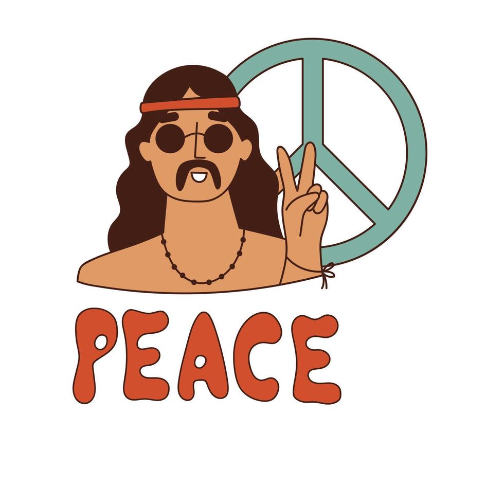 The hippie guy with lettering PEACE. 1970 vibe. Vector illustration