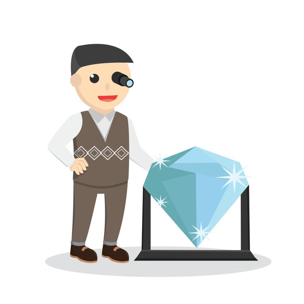 Businessman standing with big diamond design character on white background vector