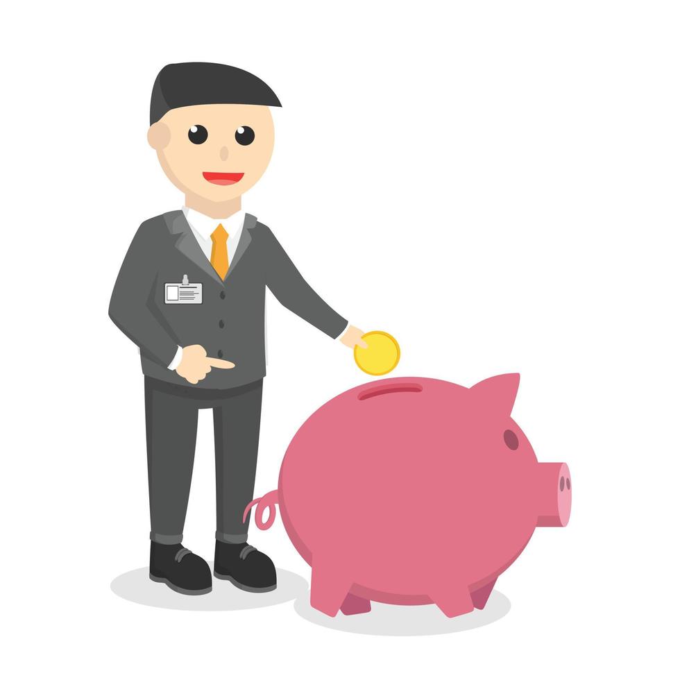 bank teller holding coins beside of giant piggy bank design character on white background vector