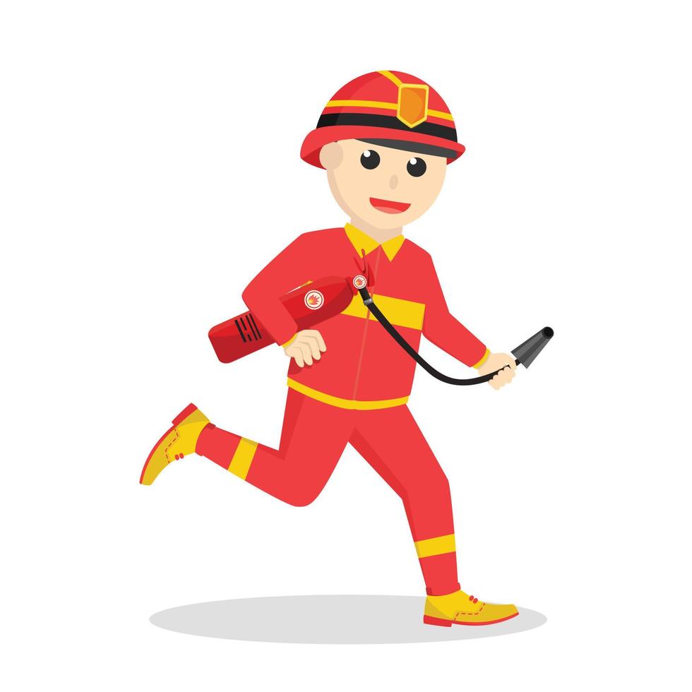 firefighter run and holding fire tube on white background vector