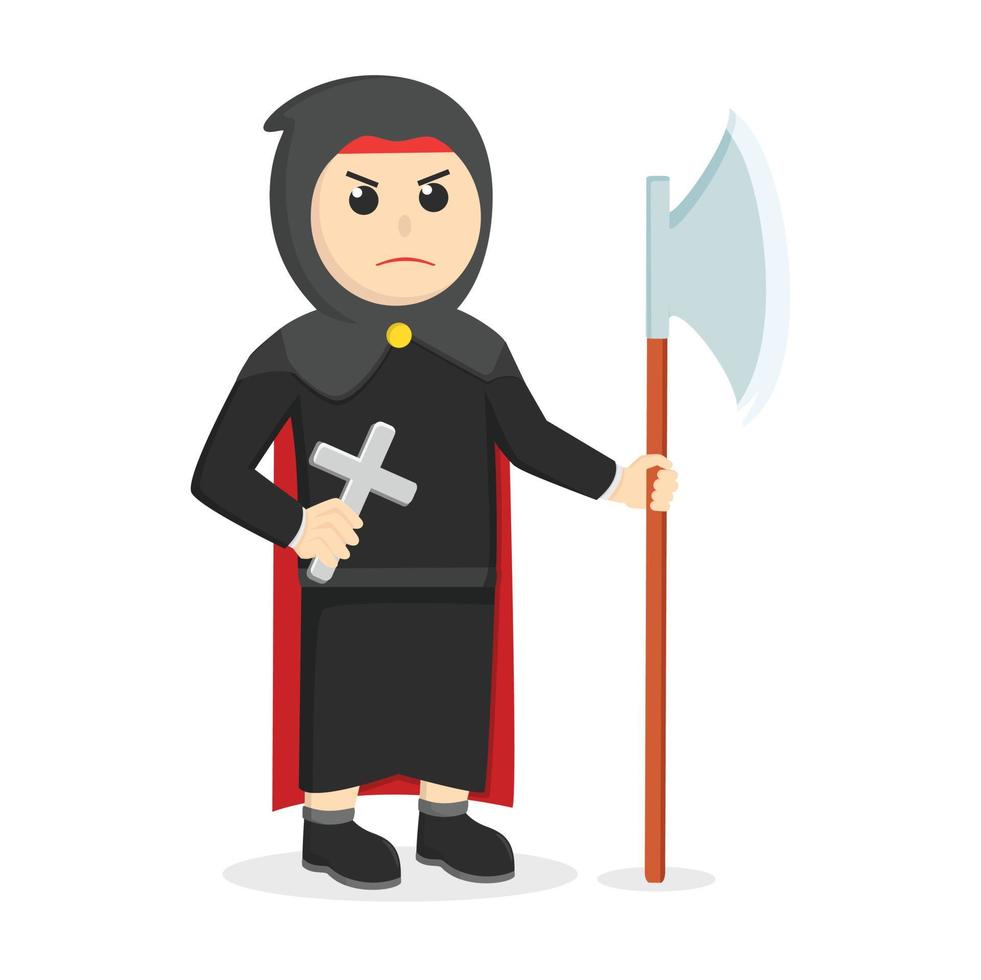 monje negro sosteniendo un gran hacha y un personaje de diseño cruzado sobre fondo blanco vector