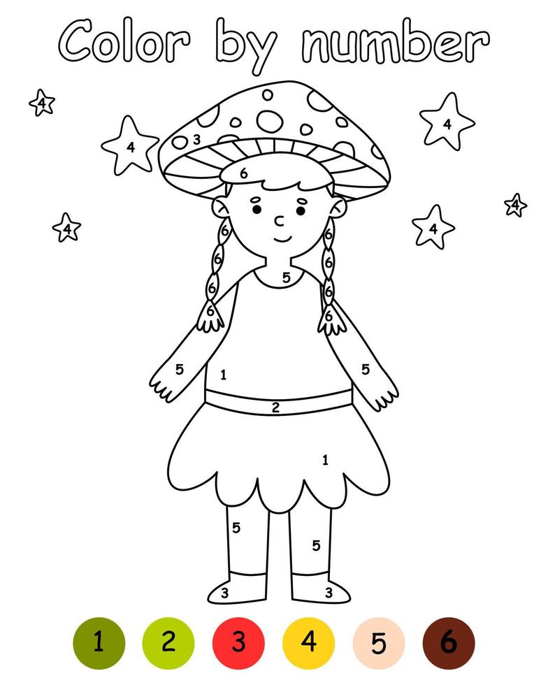 color por juego de números para niños. niños disfrazados de hongo amanita. Víspera de Todos los Santos. hoja de trabajo imprimible con solución para escuela y preescolar. actividad de aprendizaje de números. ilustración de dibujos animados vectoriales. vector