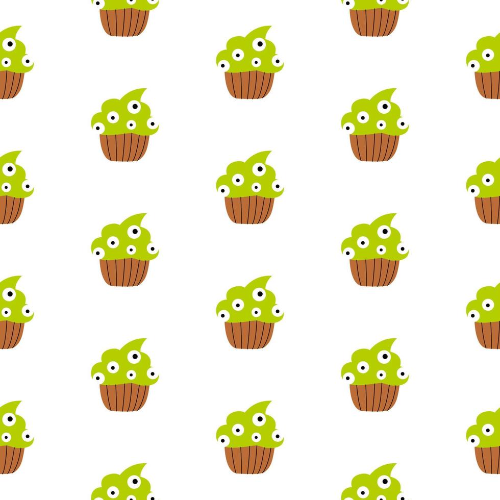Cute Halloween Green Zombi Cupcakes with eyes pattern on a white background. Vector cartoon illustration.