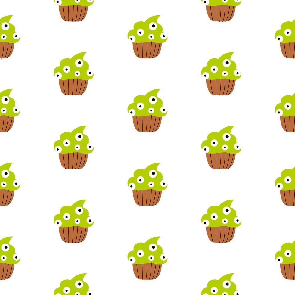 Cute Halloween Green Zombi Cupcakes with eyes pattern on a white background. Vector cartoon illustration.