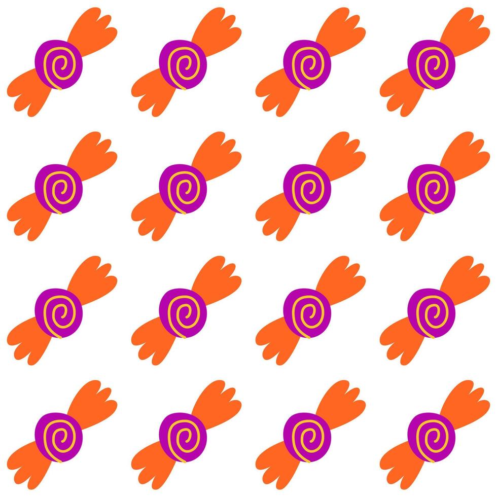 Seamless pattern background of halloween trick or treat candies. Bright candies and sweets in the traditional colors of Halloween. Vector cartoon illustration for print.