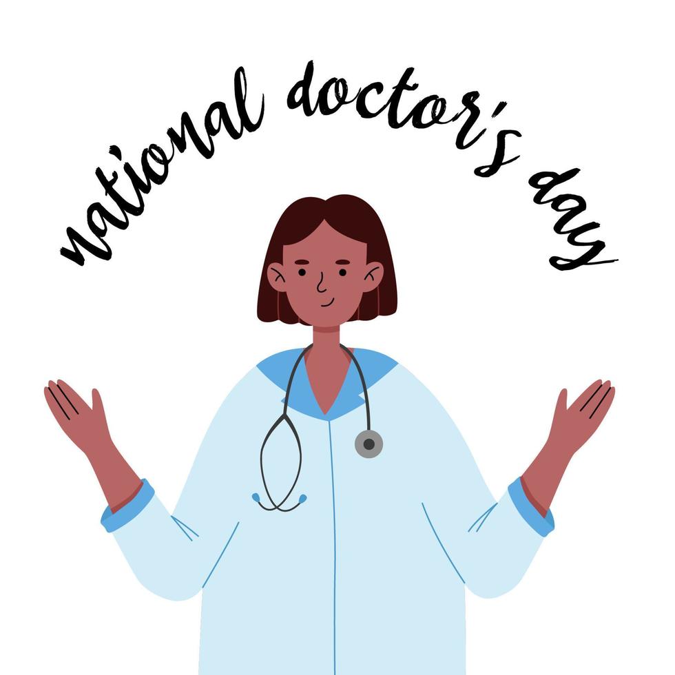 National doctors' day vector banner. International holiday, congratulations. Woman therapists, black girl. Vector flat illustration.