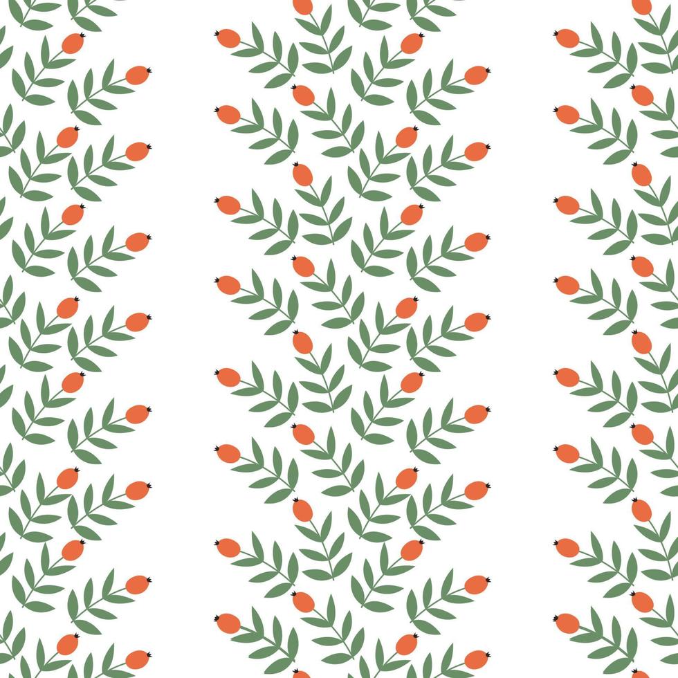 Vector seamless pattern with red rosehip berries and green leaves on a white background for print.