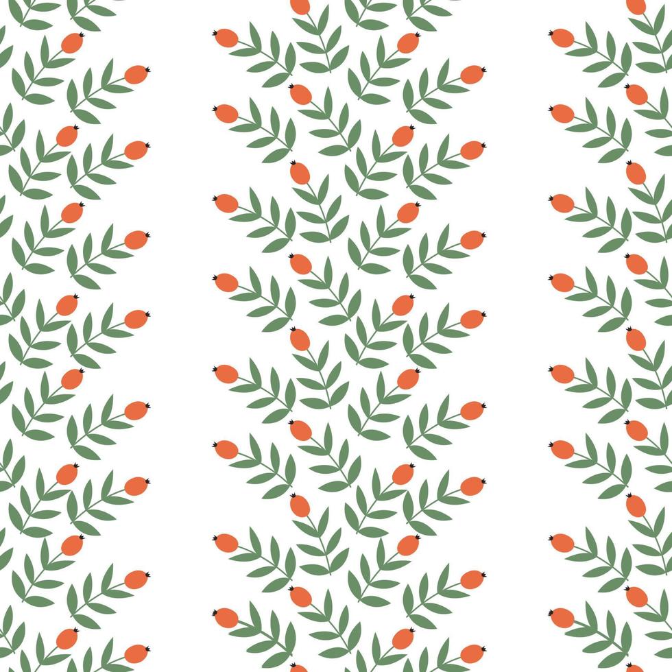 Vector seamless pattern with red rosehip berries and green leaves on a white background for print.