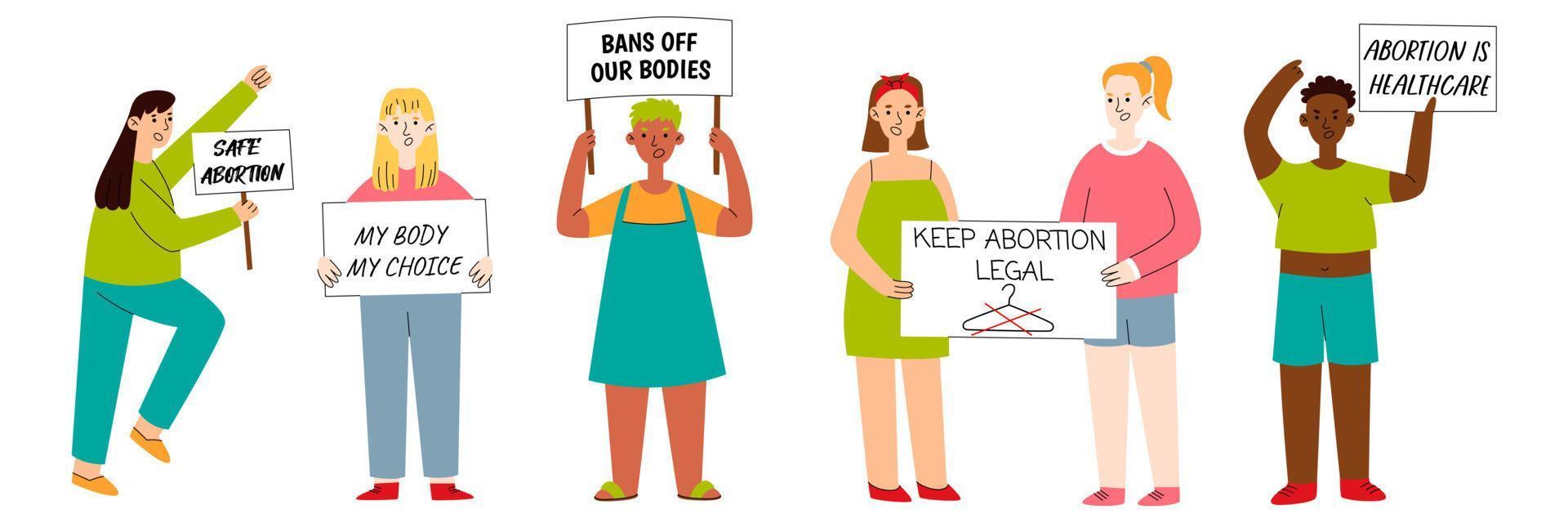 Set girl holding a poster over her head with the inscription. Protest against the ban on abortion. Feminists are fighting for their rights. Vector flat illustration.