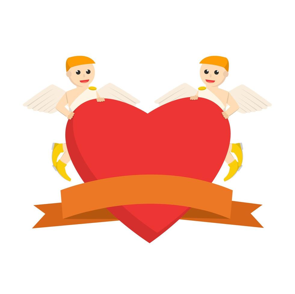 dos cupido sosteniendo un gran corazón y un personaje de diseño de pancartas sobre fondo blanco vector