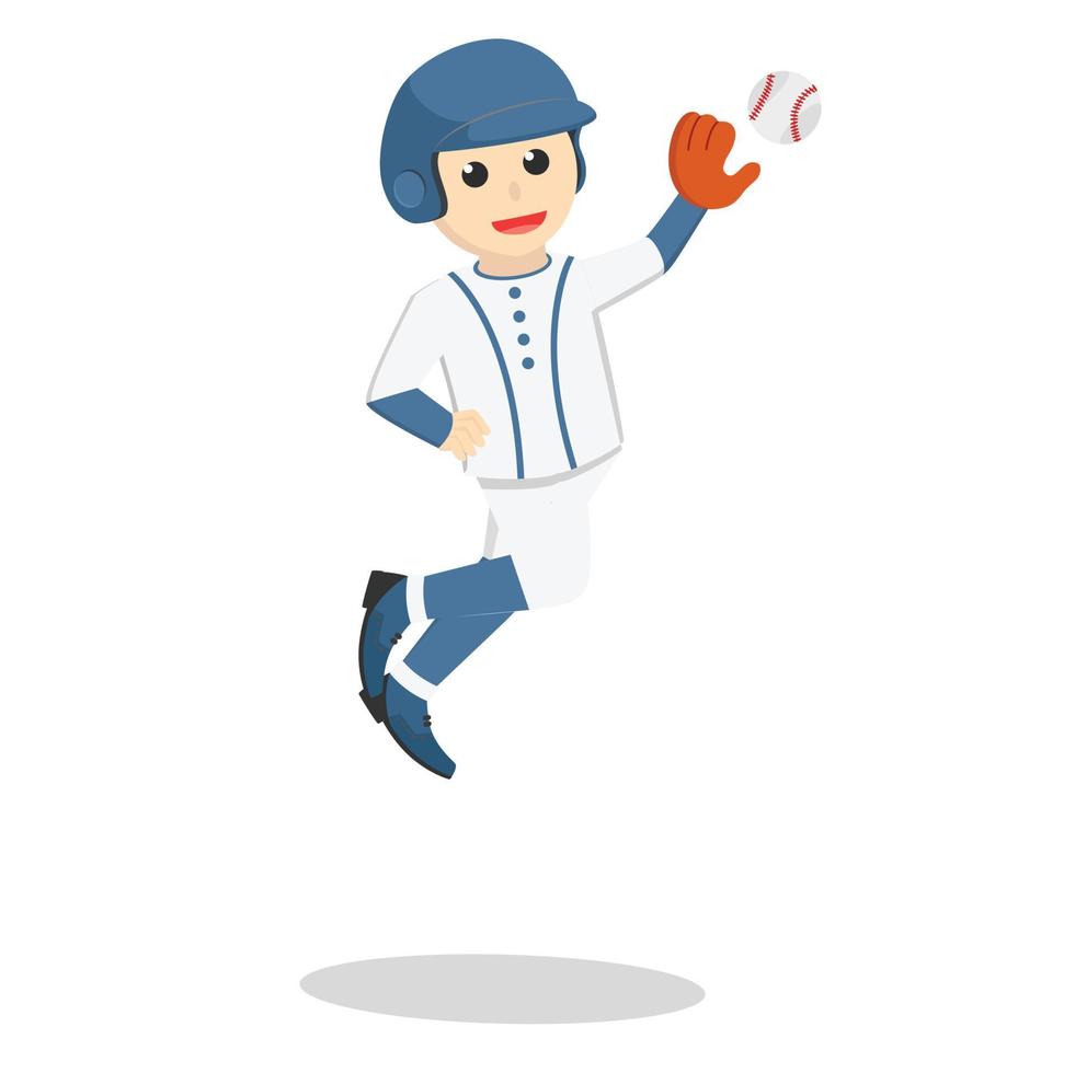 jugador de béisbol saltando y atrapando el personaje de diseño de la pelota sobre fondo blanco vector