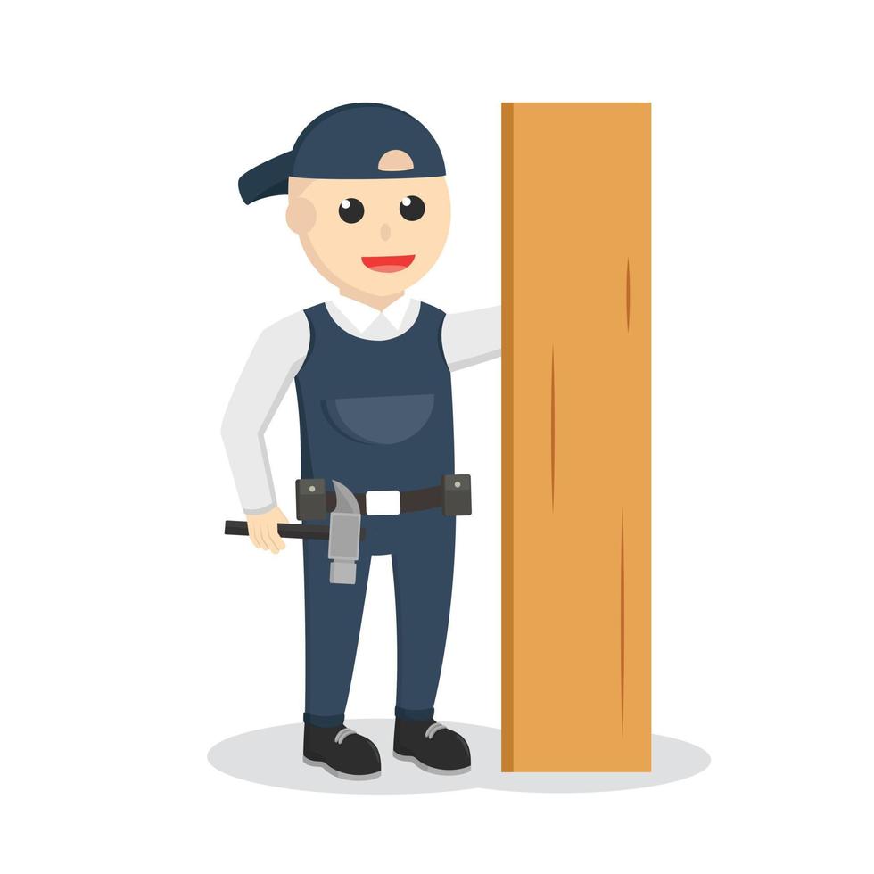 carpenter with hammer and wood plank design character on white background vector