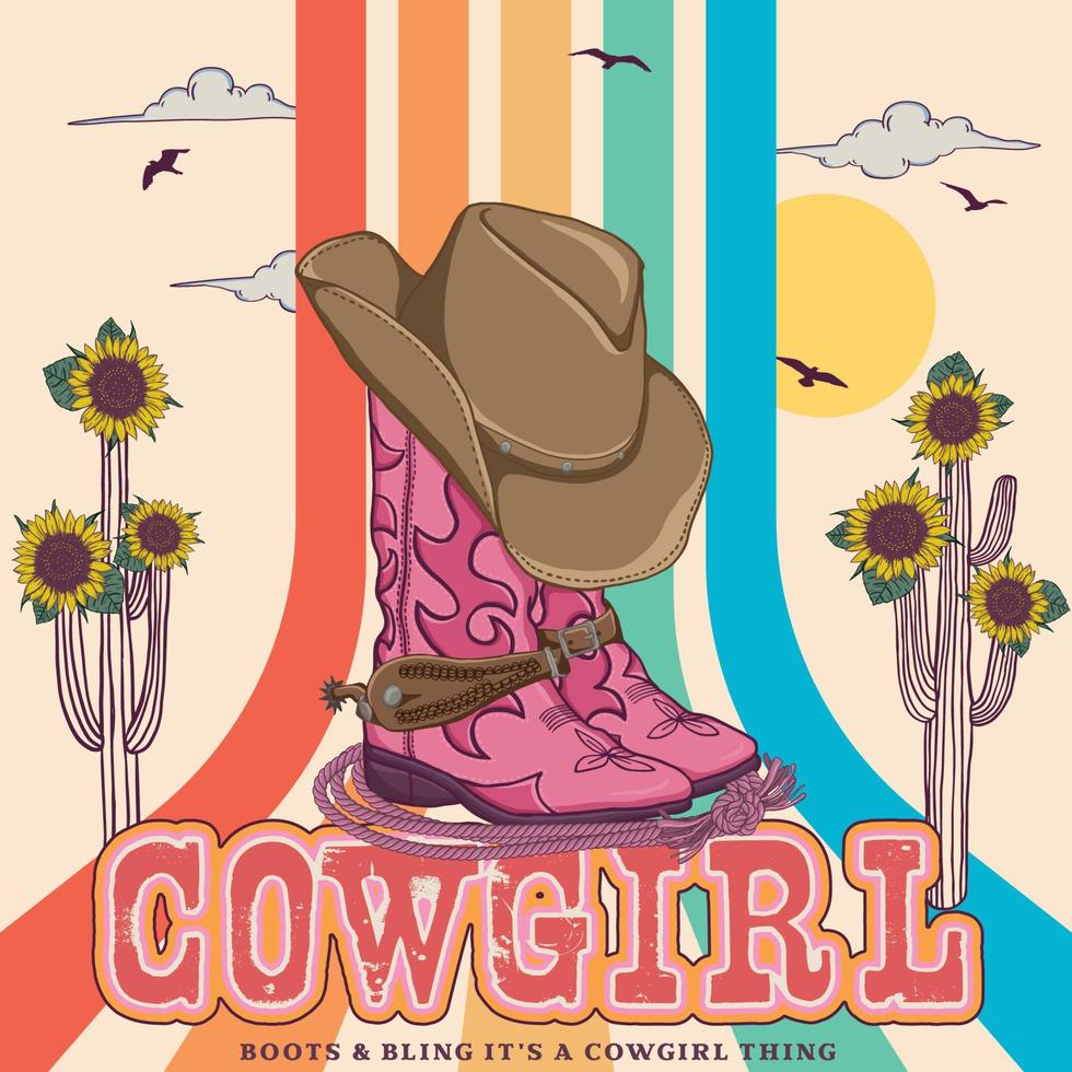 Cowgirl boots and hat at sunset. Cactus with Sunflower Sunset .T-shirt or poster design of wild side. illustration of Cowgirl boot with western hat vector design. vector Illustration of Cactus.