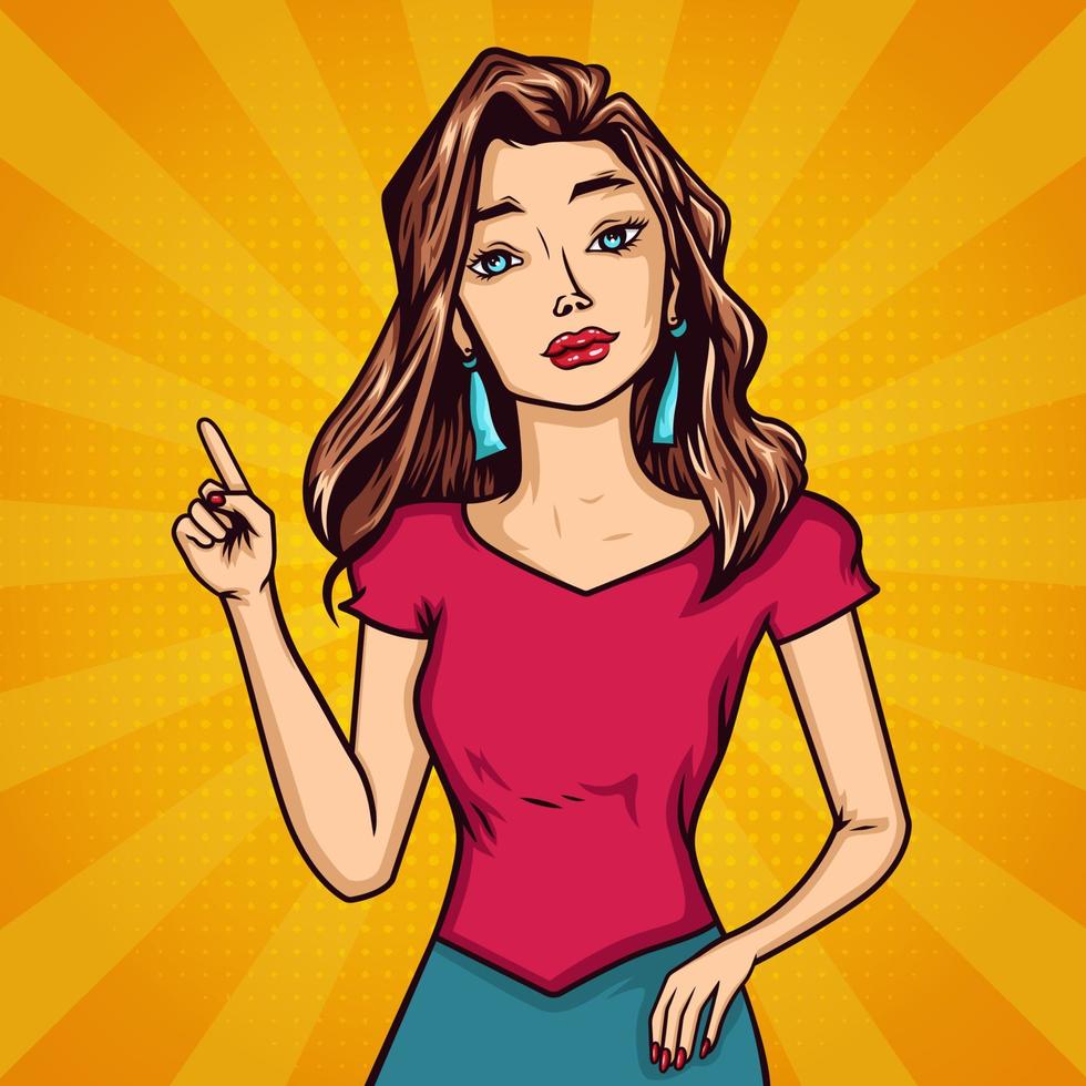 Beautiful fashion girl pointing finger to direction pop art style background vector