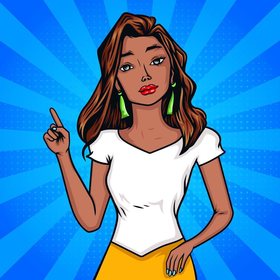 African American fashion girl pointing finger to direction pop art style background vector