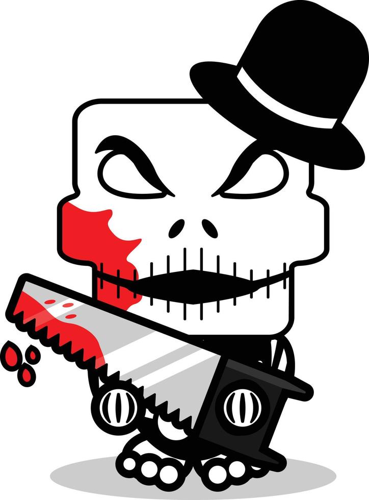 cute skellington bone mascot character cartoon vector illustration holding bloody saw