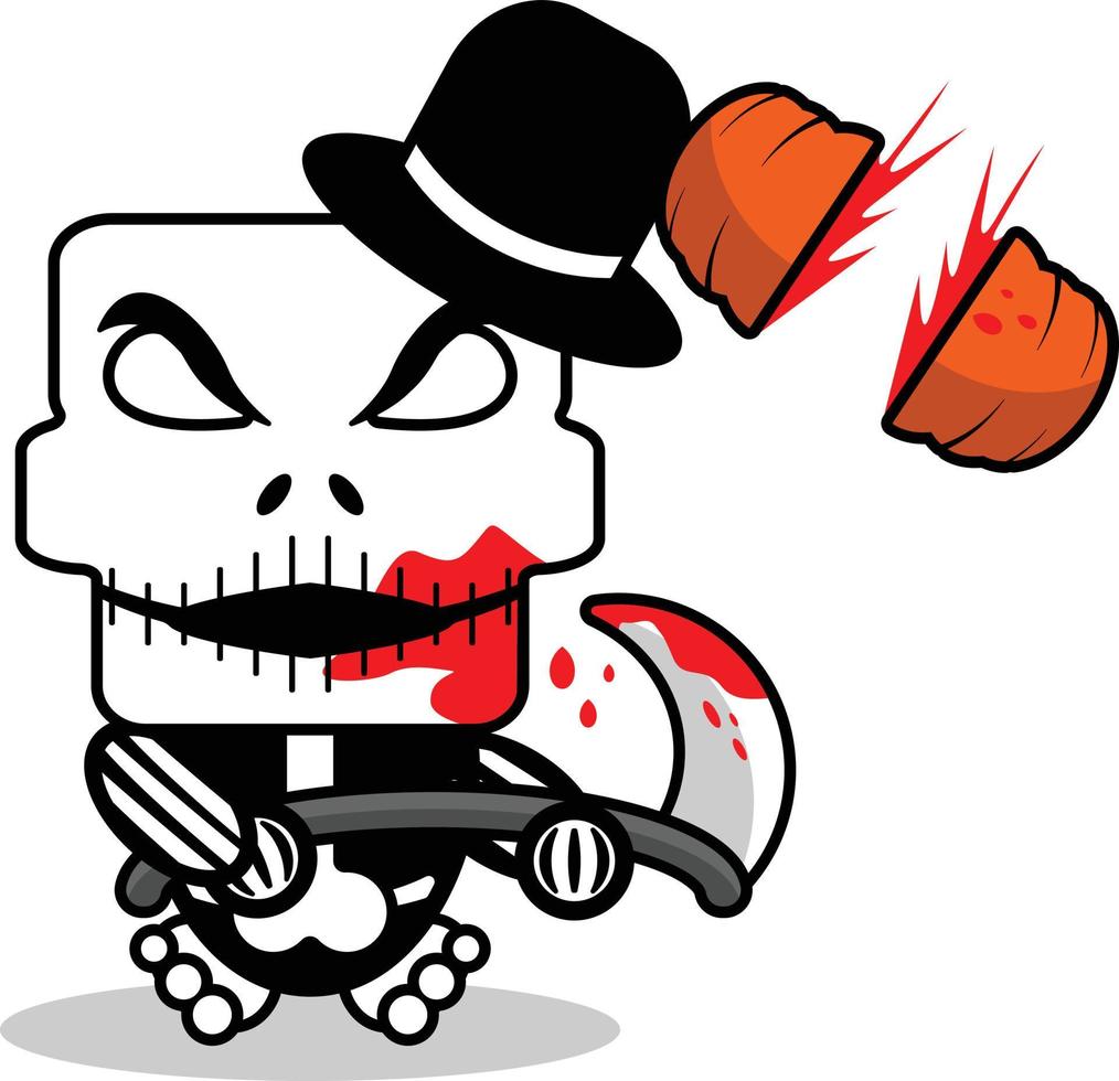 cute skellington bone mascot character cartoon vector illustration holding bloody sickle