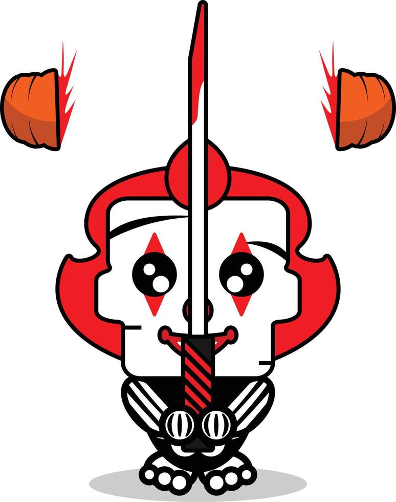 cute Pennywise bone mascot character cartoon vector illustration holding bloody sword