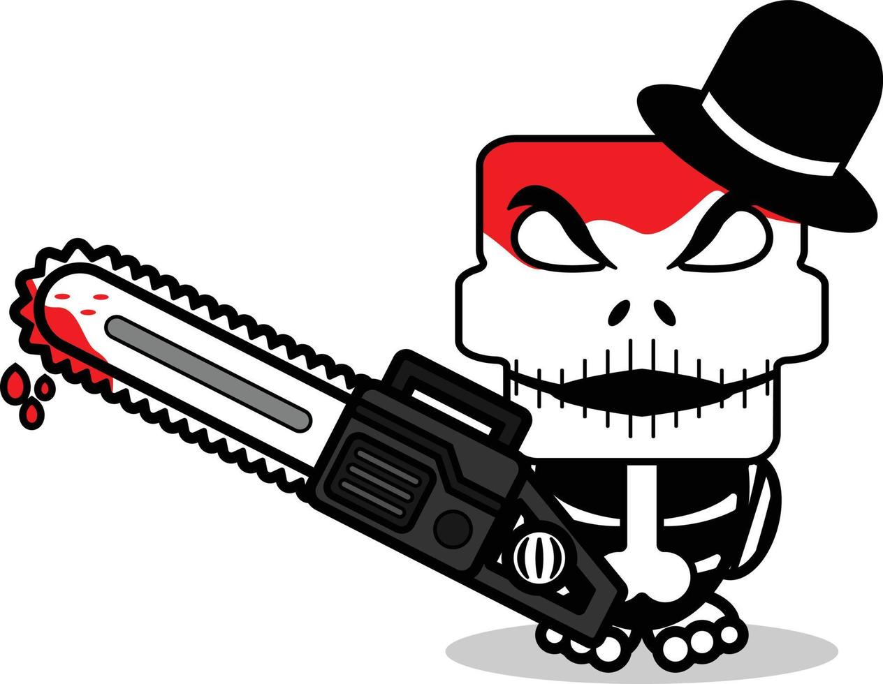 cute skellington bone mascot character cartoon vector illustration holding bloody saw machine