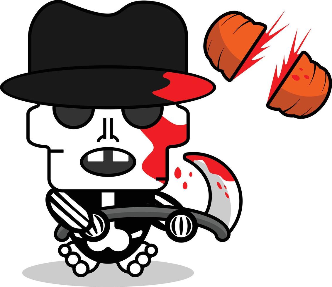 cute freddy krueger bone mascot character cartoon vector illustration holding bloody sickle