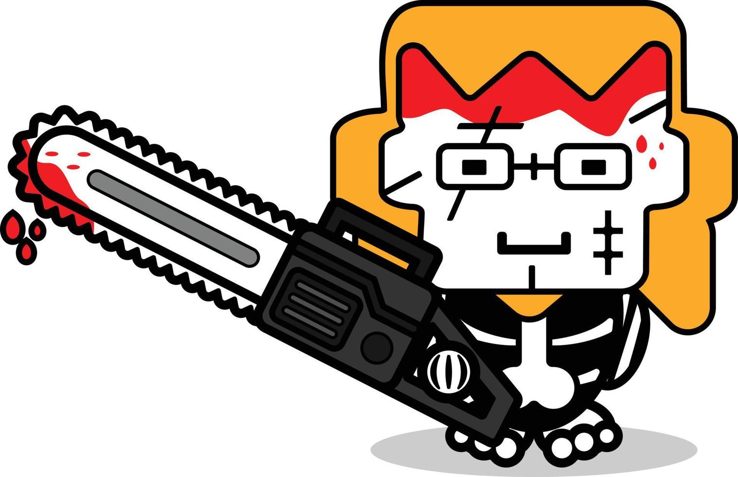 lindo chucky hueso mascota personaje dibujos animados vector ilustración sosteniendo sangrienta máquina de sierra