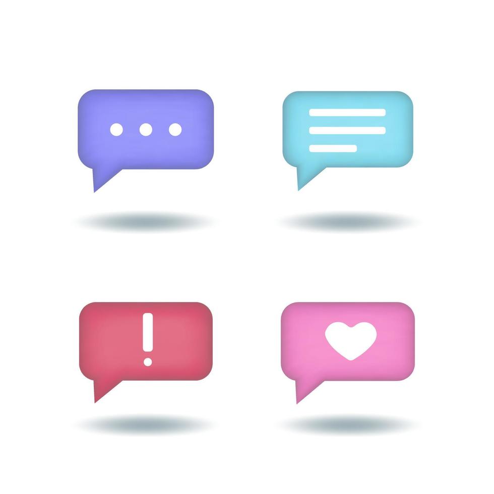 Speech, communication, dialogue, like, protest,  notification, rectangular bubbles - realistic icon set. 3d vector illustration.