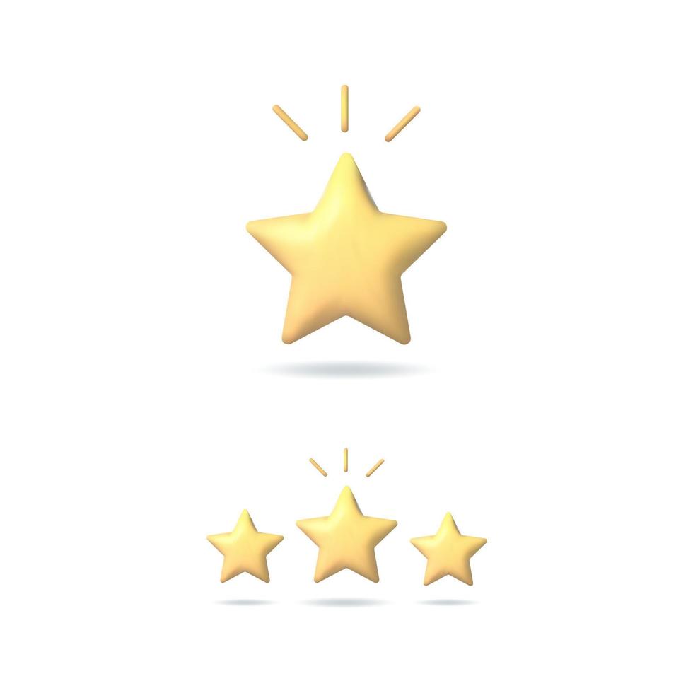 Yellow stars glossy colors. Achievements for games. Customer rating, feedback. Realistic 3d design. Vector illustration.