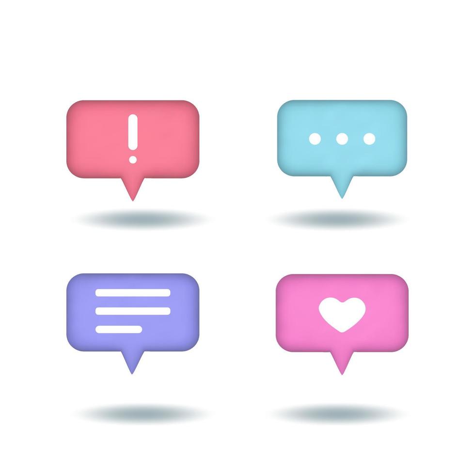Speech, communication, dialogue, like, protest,  notification, rectangular bubbles - realistic icon set. 3d vector illustration.