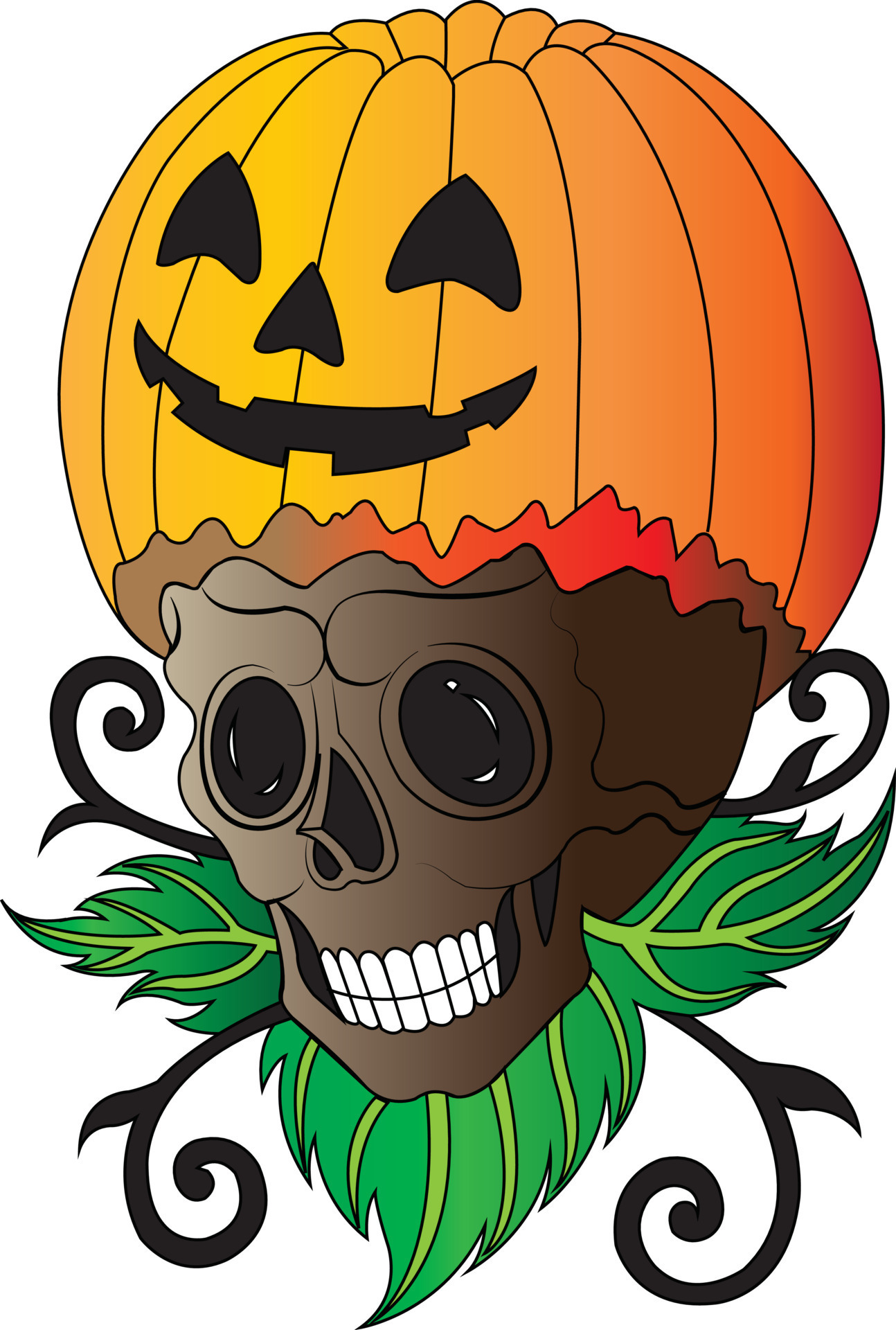 Art surreal pumpkin skull halloween.Hand drawing and make graphic