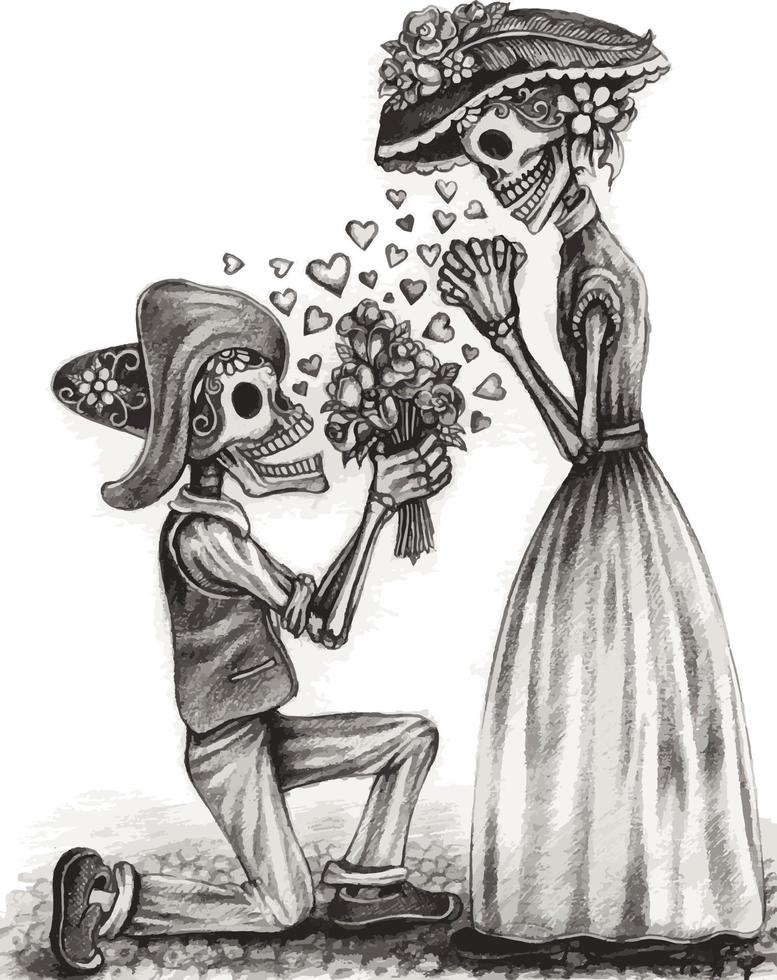 Art couple in love skulls day of the dead. Hand drawing and make graphic vector. vector