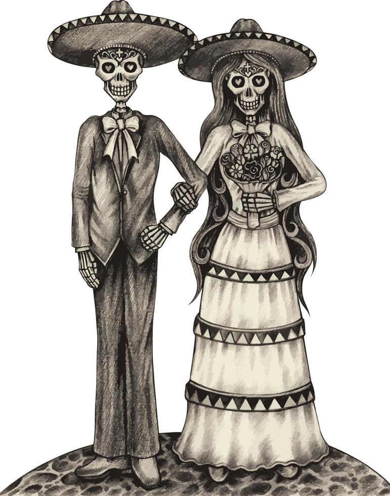 Art couple in love wedding mexican skulls. Hand drawing and make graphic vector. vector