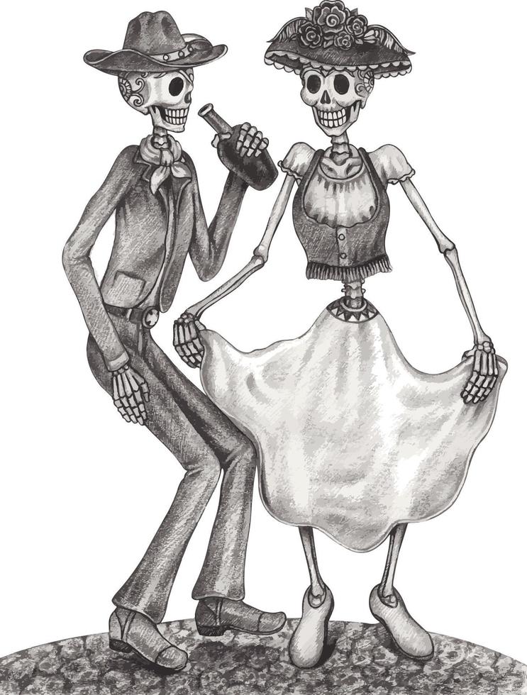 Art couple in love dancing skulls day of the dead. Hand drawing and make graphic vector. vector