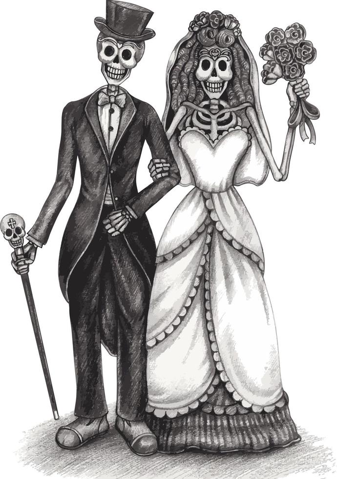 Pareja de arte enamorada de calaveras de boda. dibujo a mano y hacer vector gráfico.