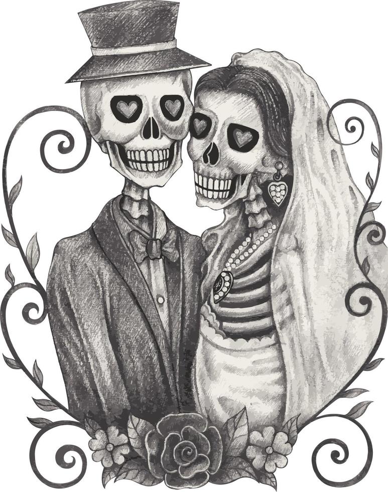 Pareja de arte enamorada de calaveras de boda. dibujo a mano y hacer vector gráfico.