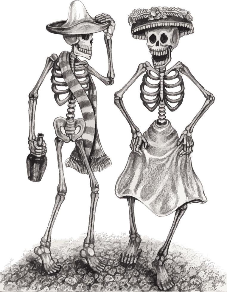 Art couple in love dancing skulls day of the dead. Hand drawing and make graphic vector. vector